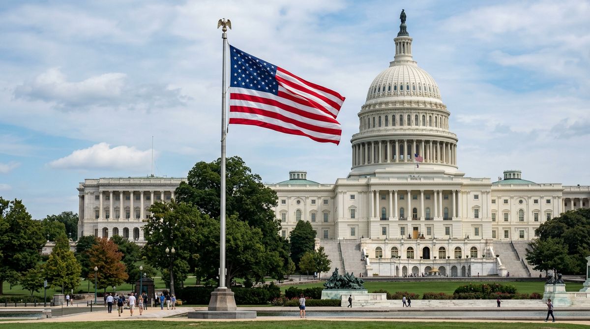 US-Wahlen 2026 — Amerikanische Flagge vor Regierungsgebäude