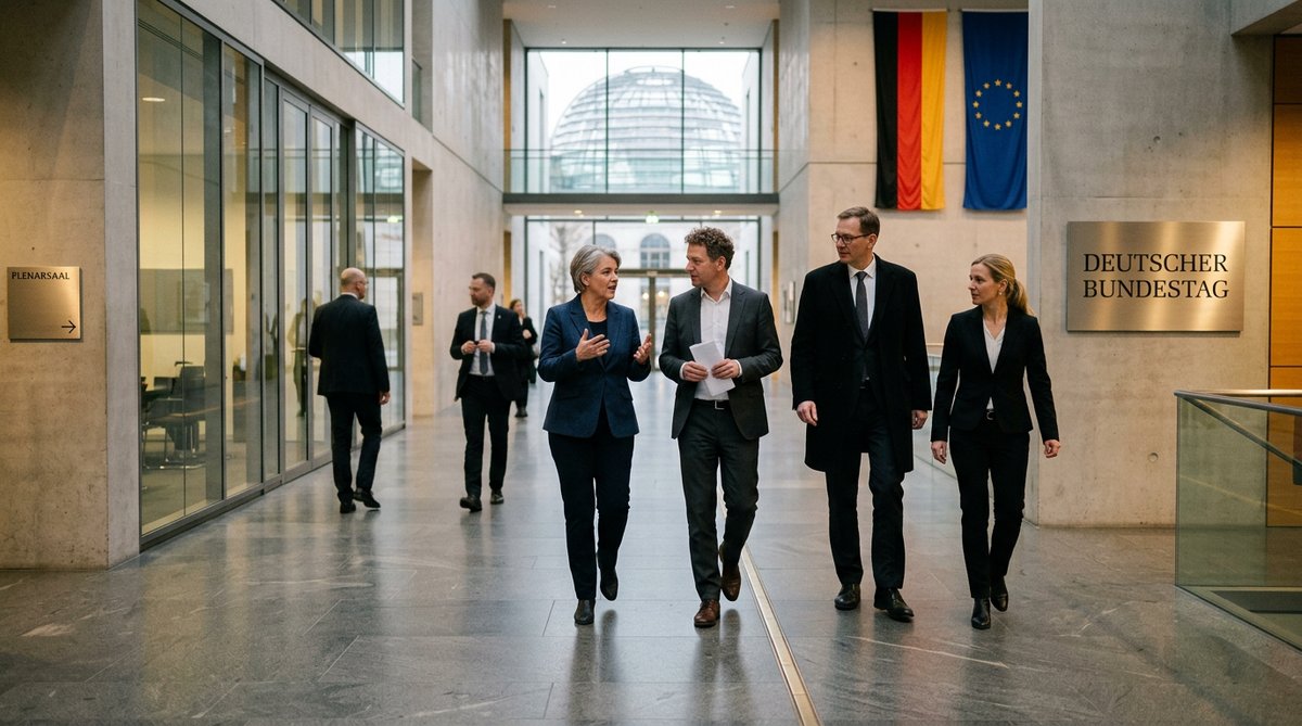 Bundestagsabgeordnete im Flur auf dem Weg zur Sitzung Berlin — Politikwoche KW 16 2026