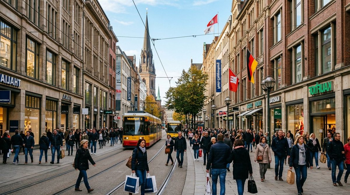 Einkaufsstraße in Hamburg mit Menschen im Sommer