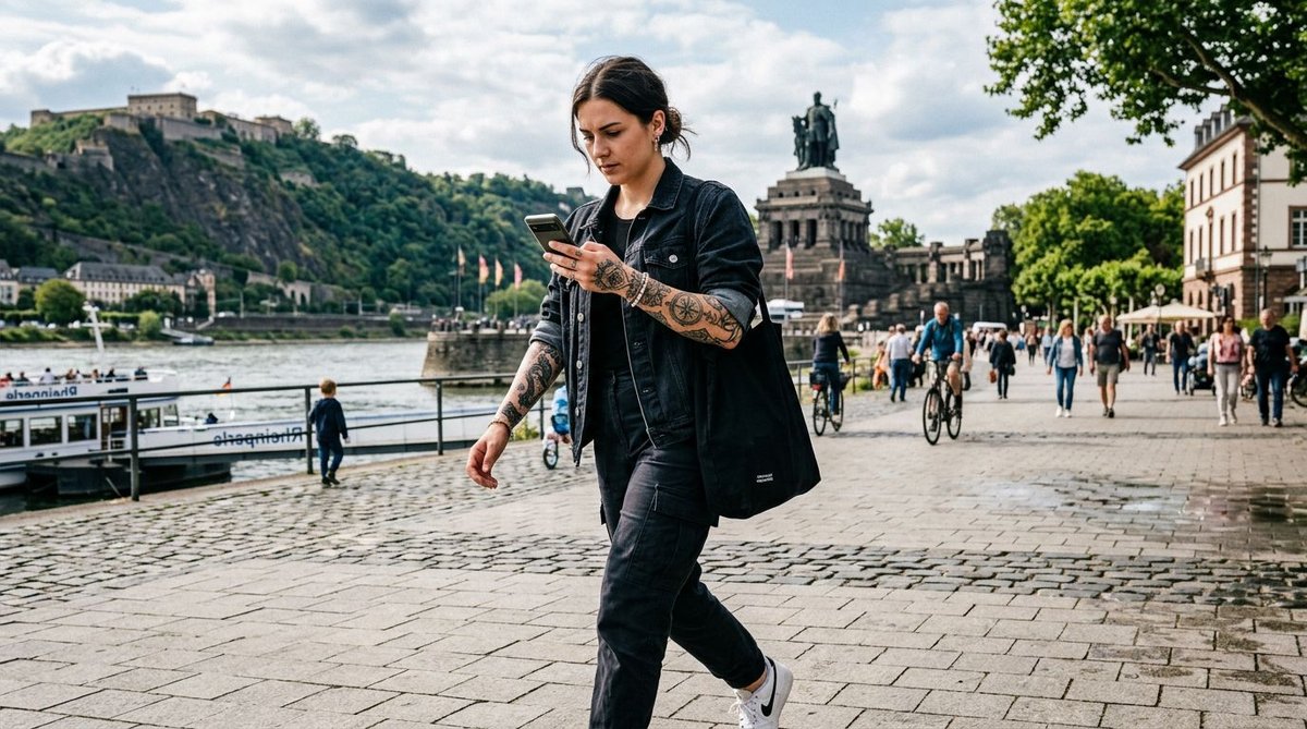Frau schaut unterwegs Umfragewerte auf dem Handy