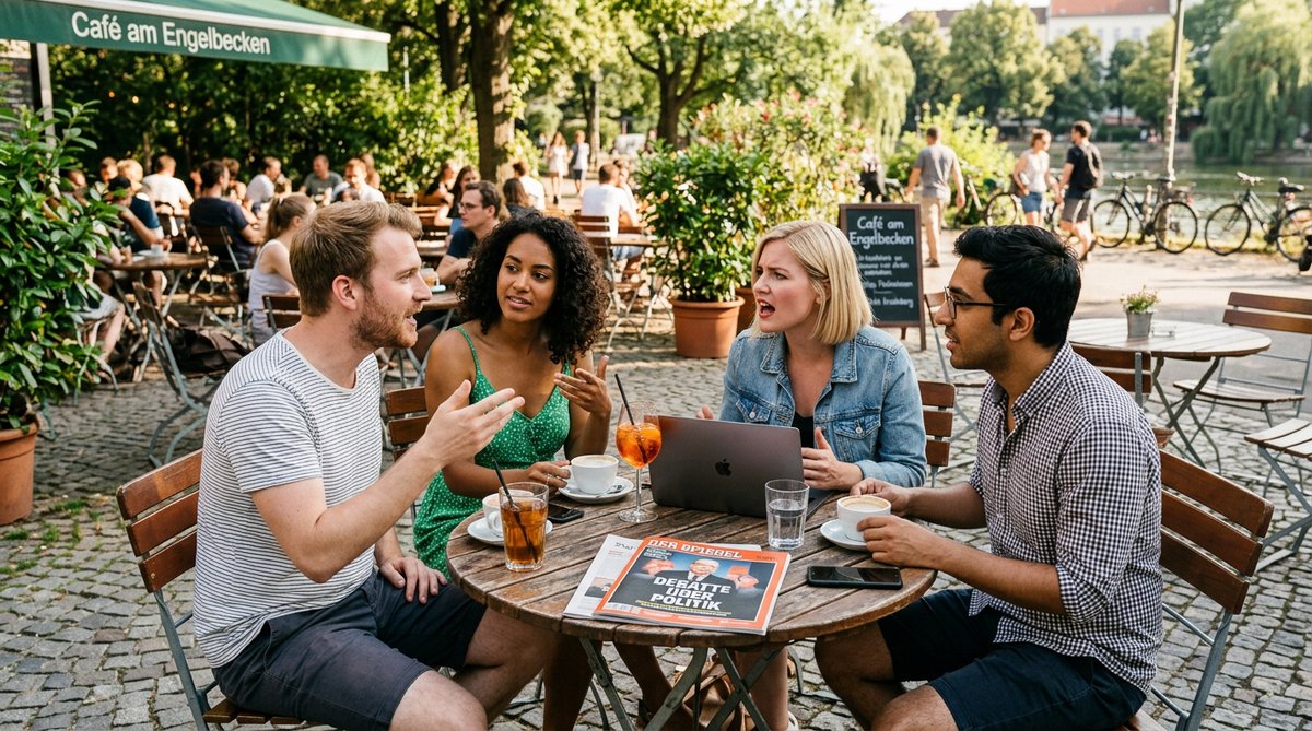 Freunde im Gespräch über Politik in einem Café