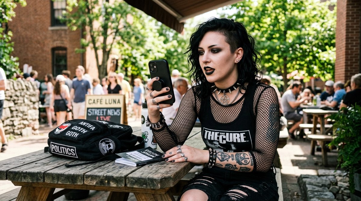Frau liest Politik-News auf Handy im Sommer draußen