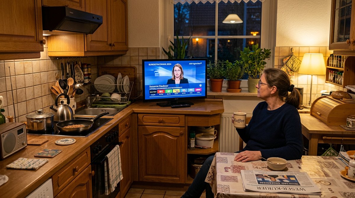 Fernseher in Küche zeigt Bundestagswahl-Nachrichten am Morgen