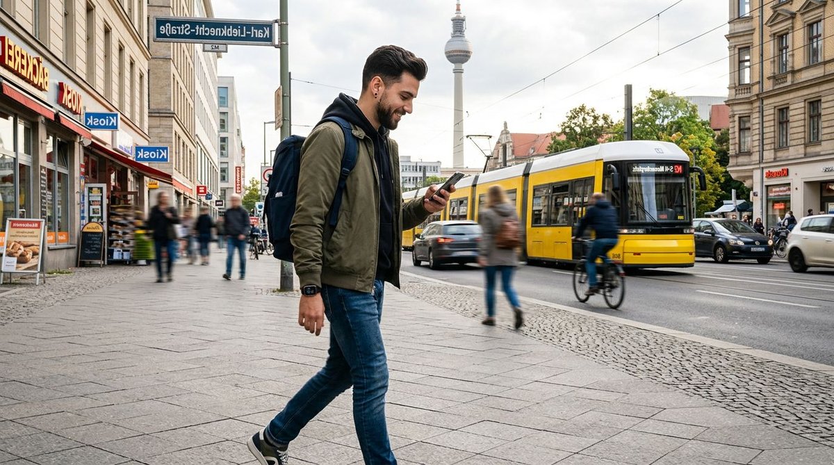 Mann Berlin unterwegs Smartphone Umfrage Check Straße Benzinpreise