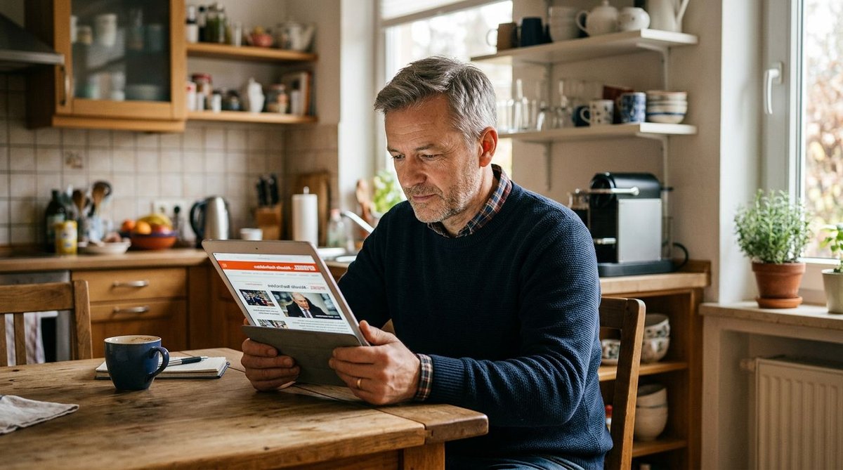 Mann in Küche liest auf Tablet Nachrichten zur Wahlentscheidung