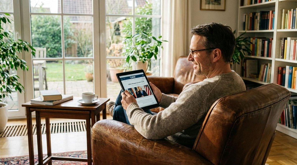 Mann liest Wahlumfrage-News auf Tablet zuhause auf dem Sofa