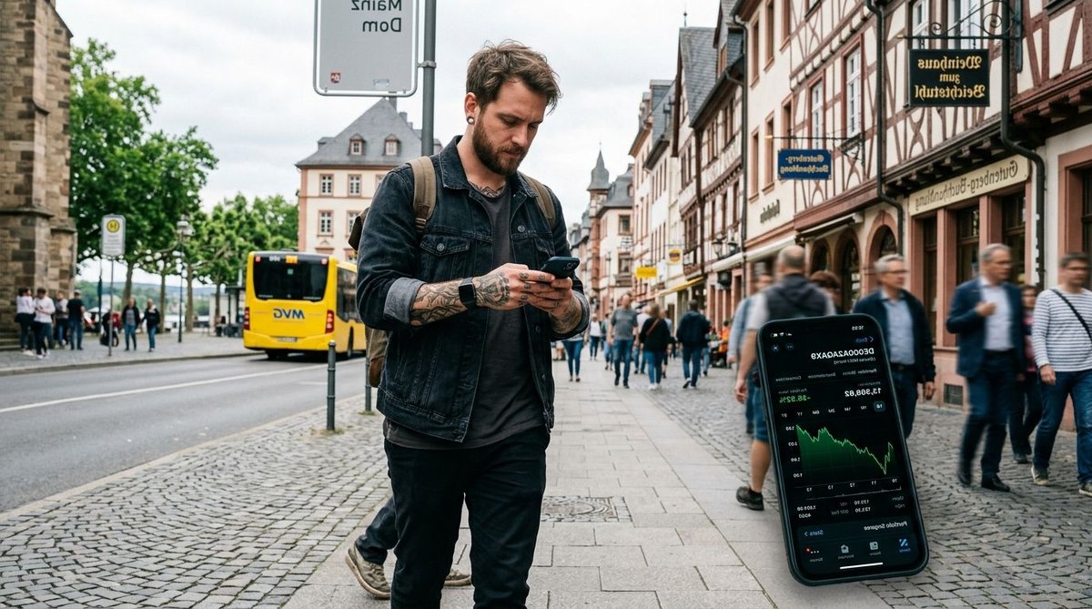 Mann in Mainz schaut Wahlumfrage auf dem Handy