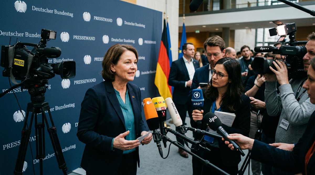 Politiker gibt ein Statement vor der Pressewand im Bundestag