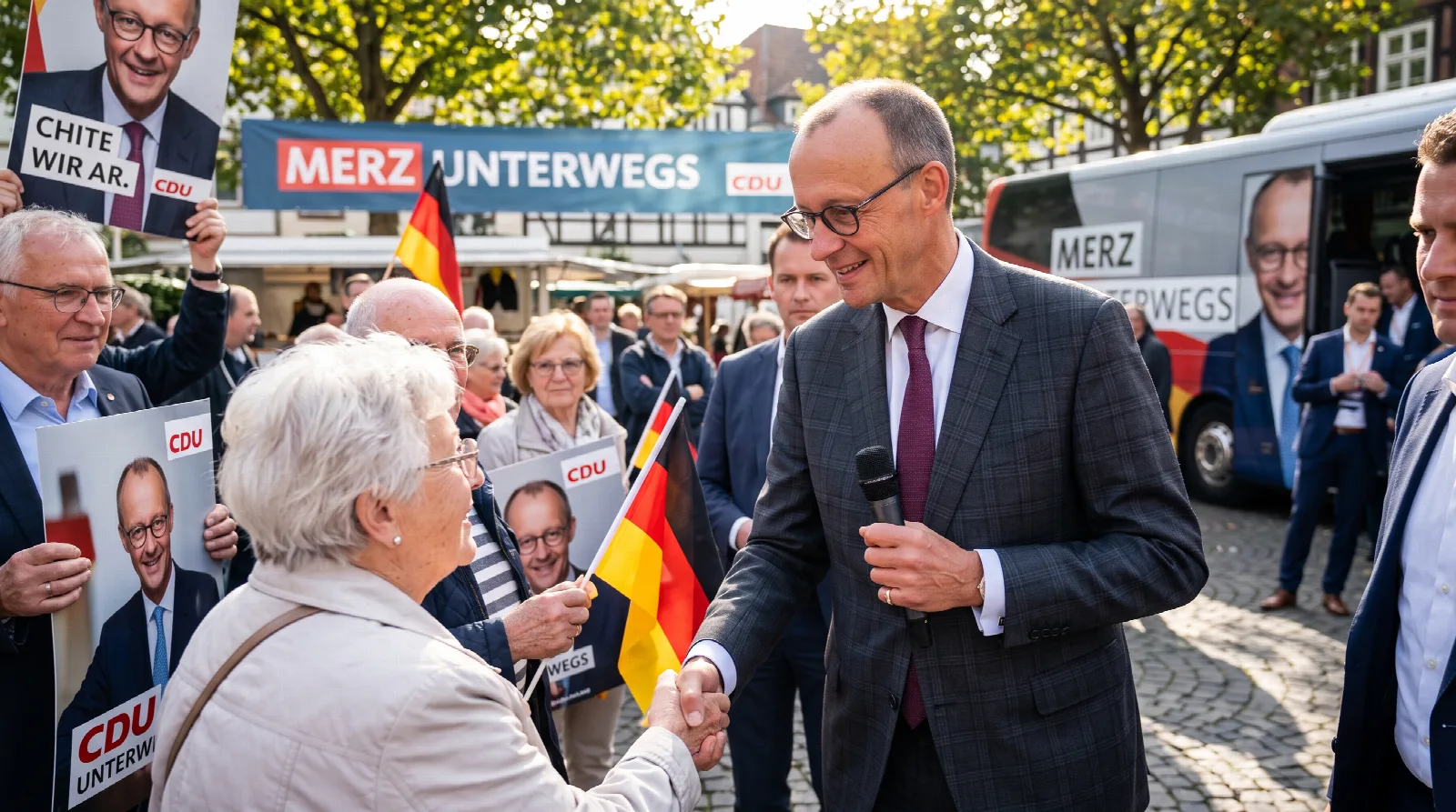 Friedrich Merz schüttelt im Wahlkampf einer Bürgerin die Hand, im Hintergrund der Bus 'Merz unterwegs'