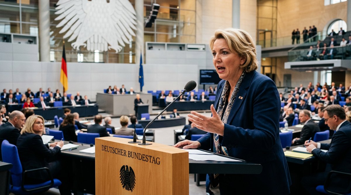 Politikerin am Rednerpult im Bundestag
