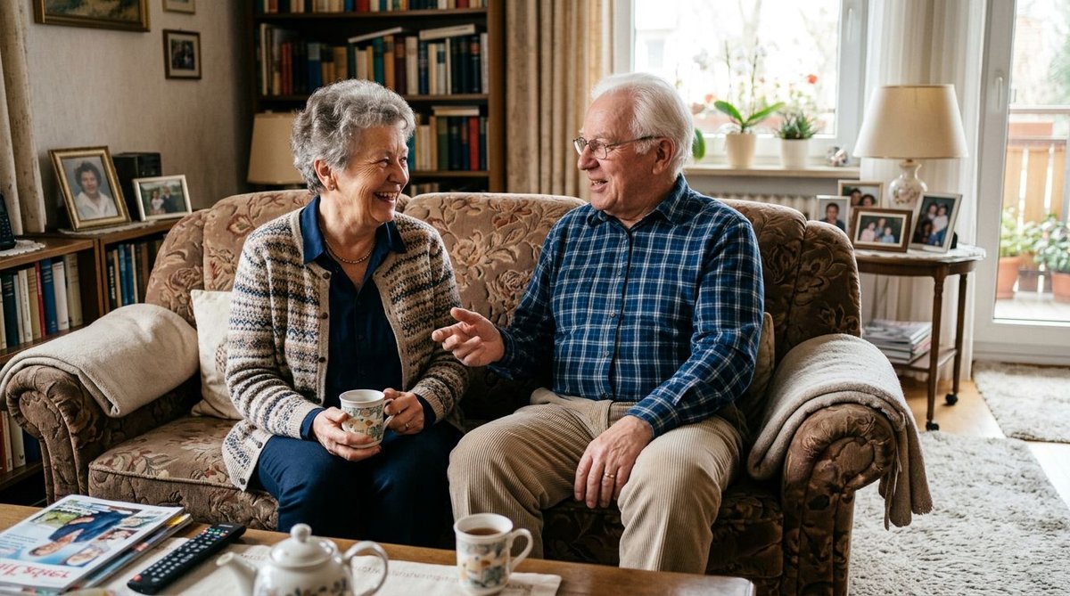 Rentner-Paar bespricht politische Planung gemeinsam auf dem Sofa