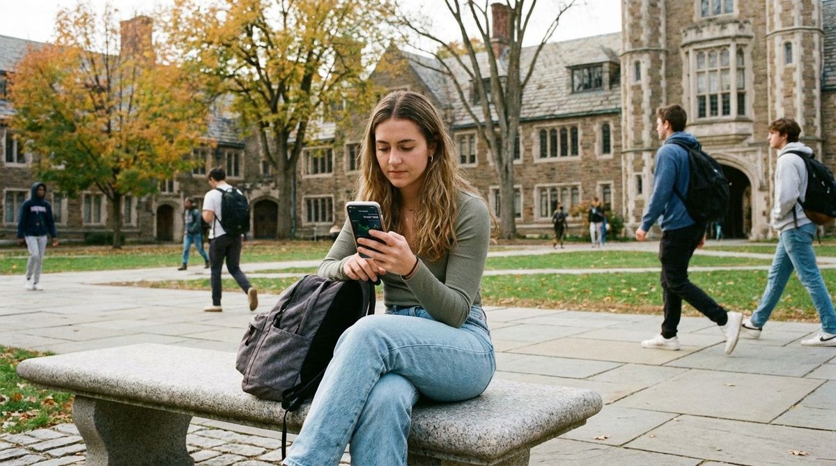 Studentin auf Campus prüft Politik-App mit Wahlumfrage auf Smartphone