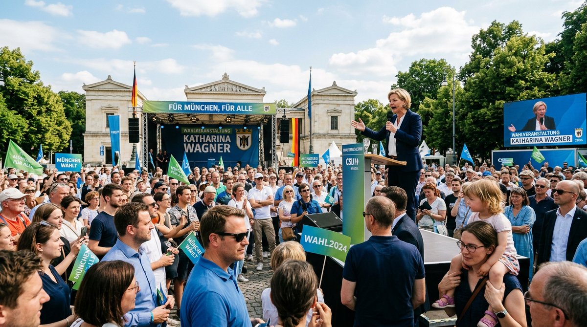 Wahlkampfveranstaltung in München mit Bühne und Publikum
